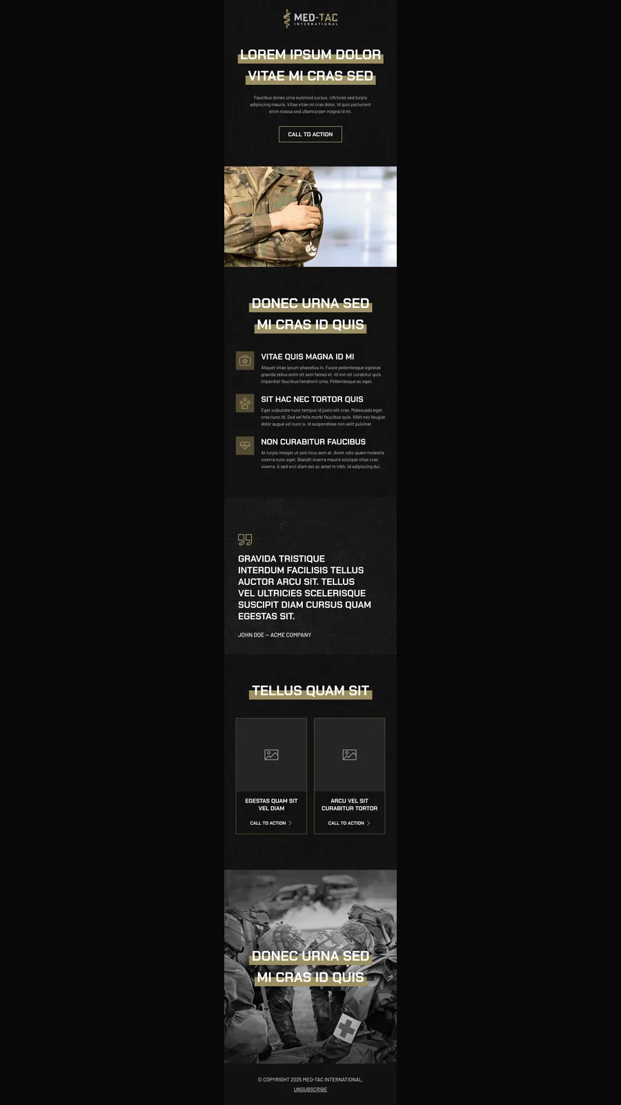 MED-TAC International email newsletter layout with tactical medical imagery and CTA sections.