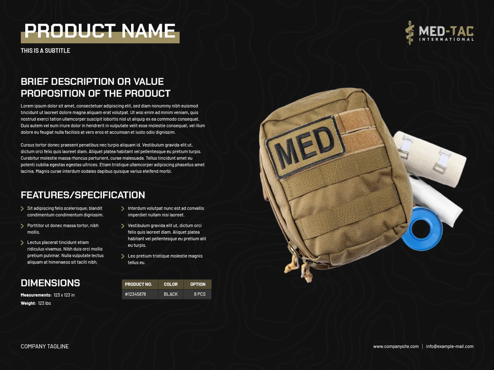 MED-TAC International product information sheet for a tactical medical kit.