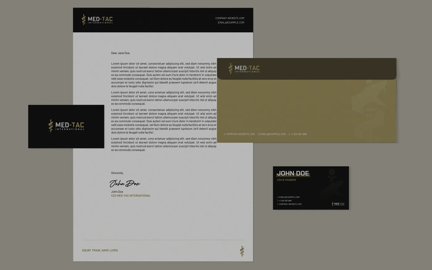 MED-TAC International brand foundation stationery mockup showing the updated identity across letterhead, envelope, and business card applications.